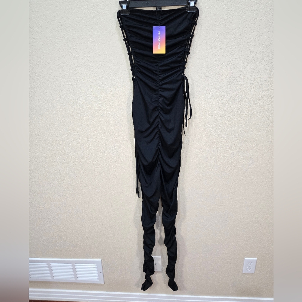 NWT SHEIN Black Ruched Bodycon Jumpsuit Romper with Side Ties Size XS